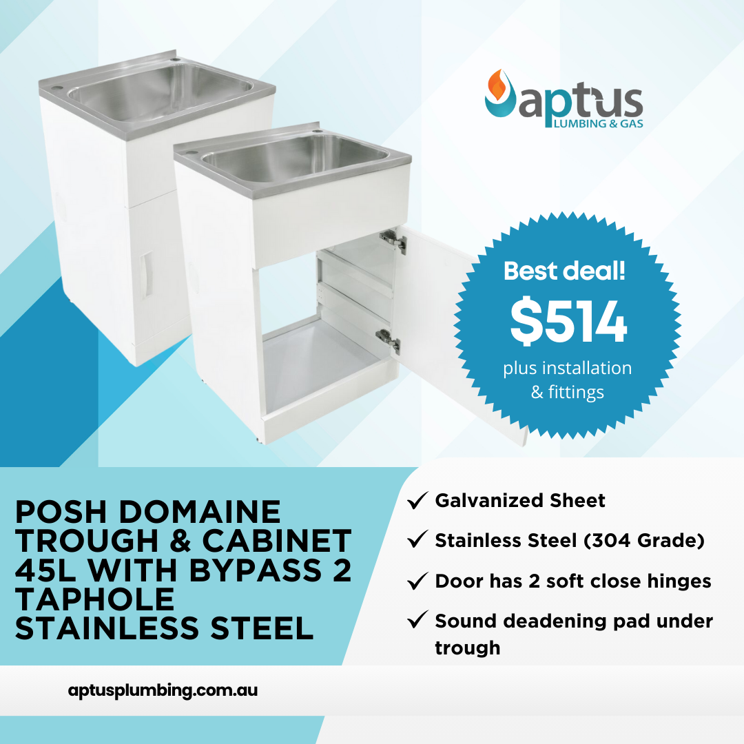 Posh Domaine Trough & Cabinet 45L with Bypass 2 Taphole Stainless Steel