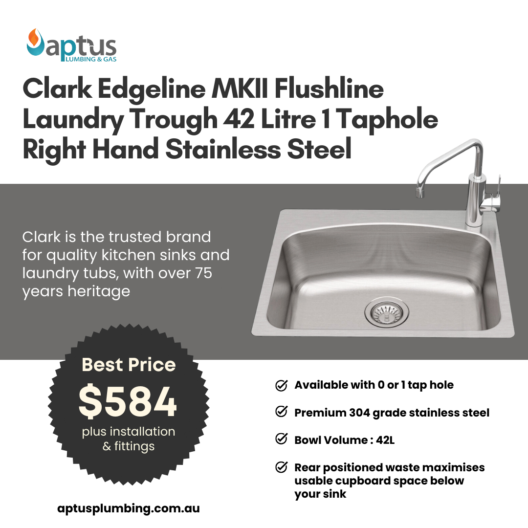 Clark Edgeline MKII Flushline Laundry Trough 42 Litre 1 Taphole Right Hand Stainless Steel