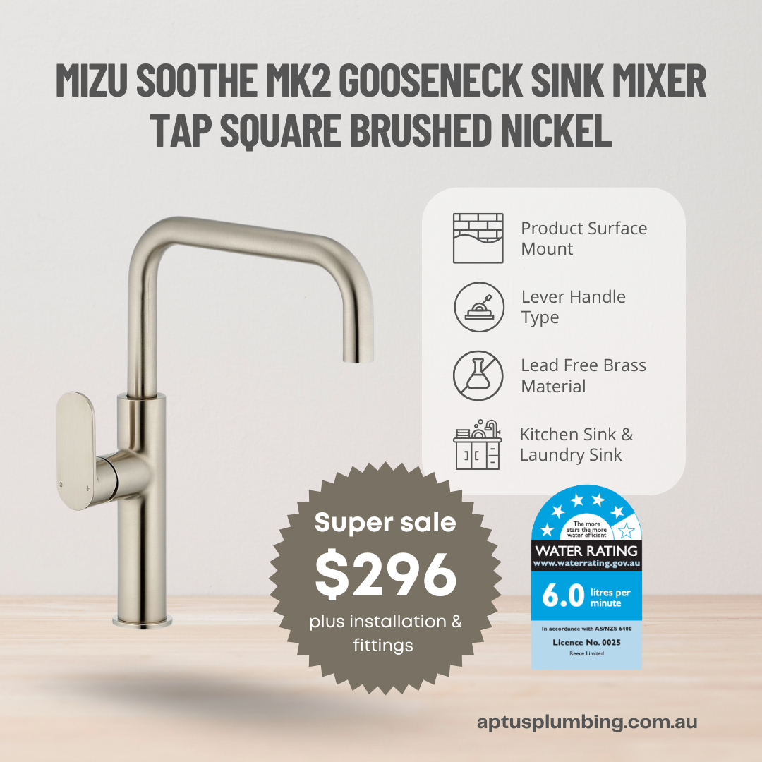 Mizu Soothe MK2 Gooseneck Sink Mixer Tap Square Brushed Nickel